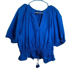 Calligraphie Womens Blue Puff Sleeve Smocked Peplum Blouse XL NWT